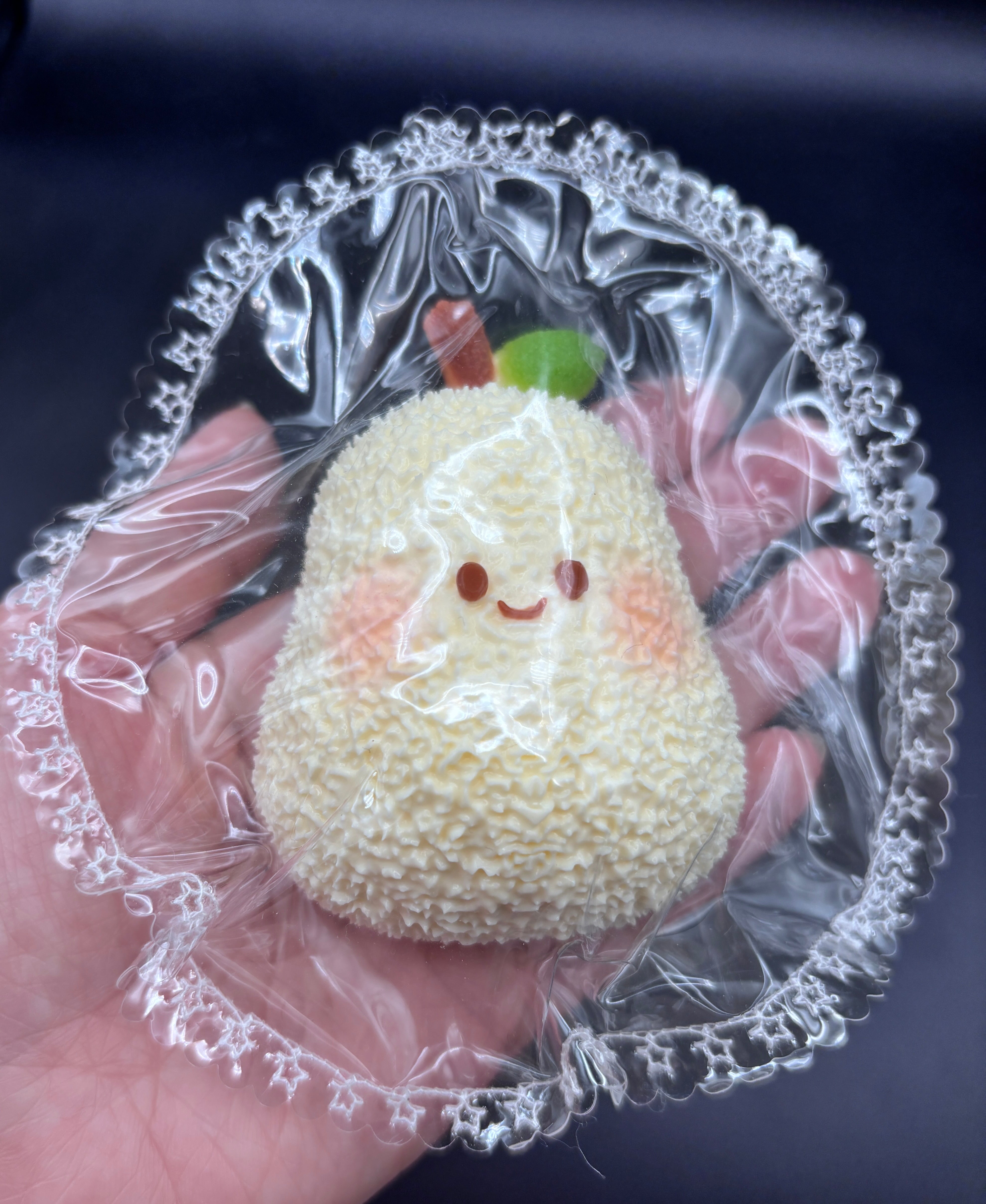 Cute fuzzy textured pear (NOT flocked) soft Taba Squishy Toy