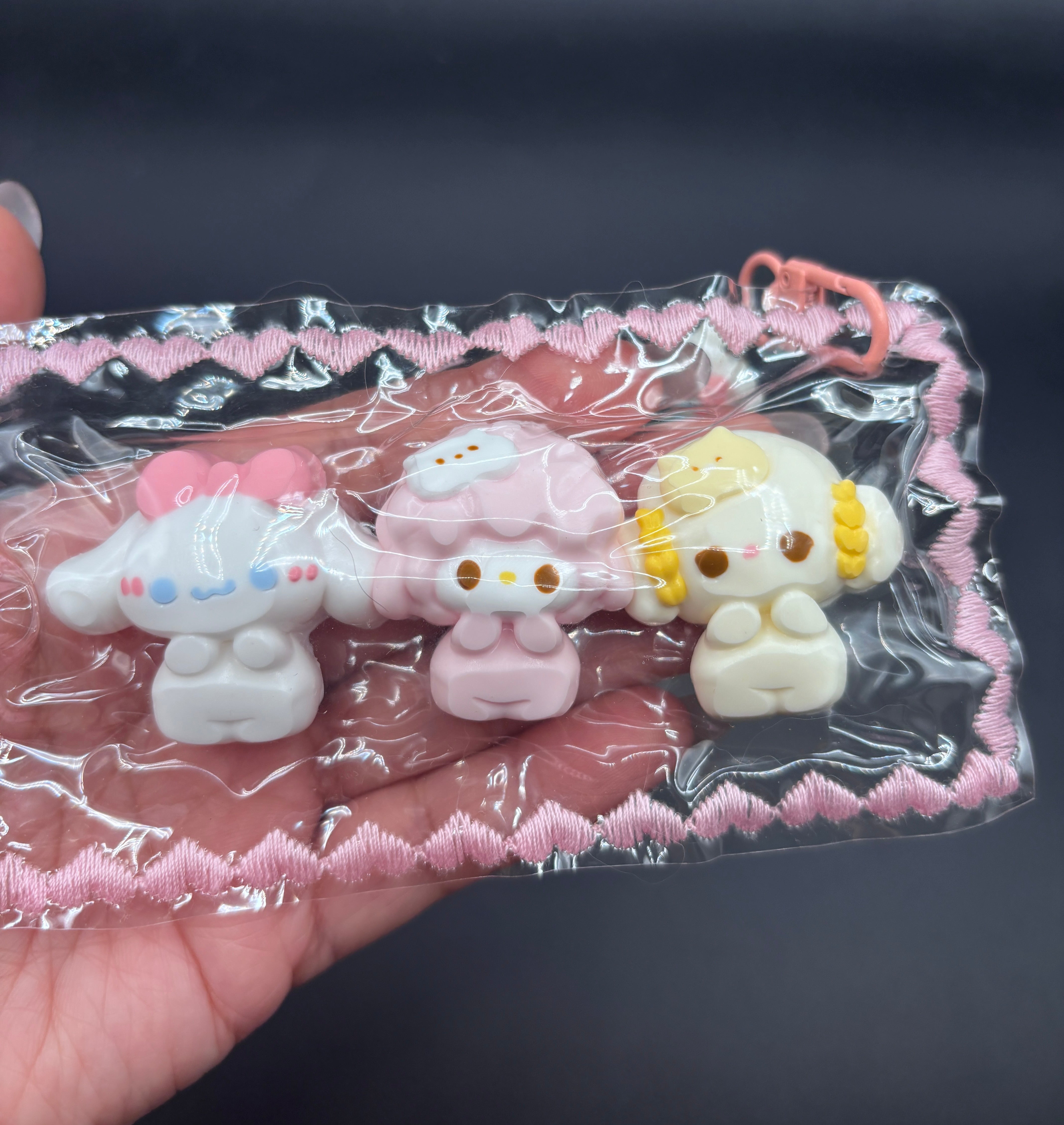 Pack of 3 super cute small and detailed Sanrio keychain taba squishy