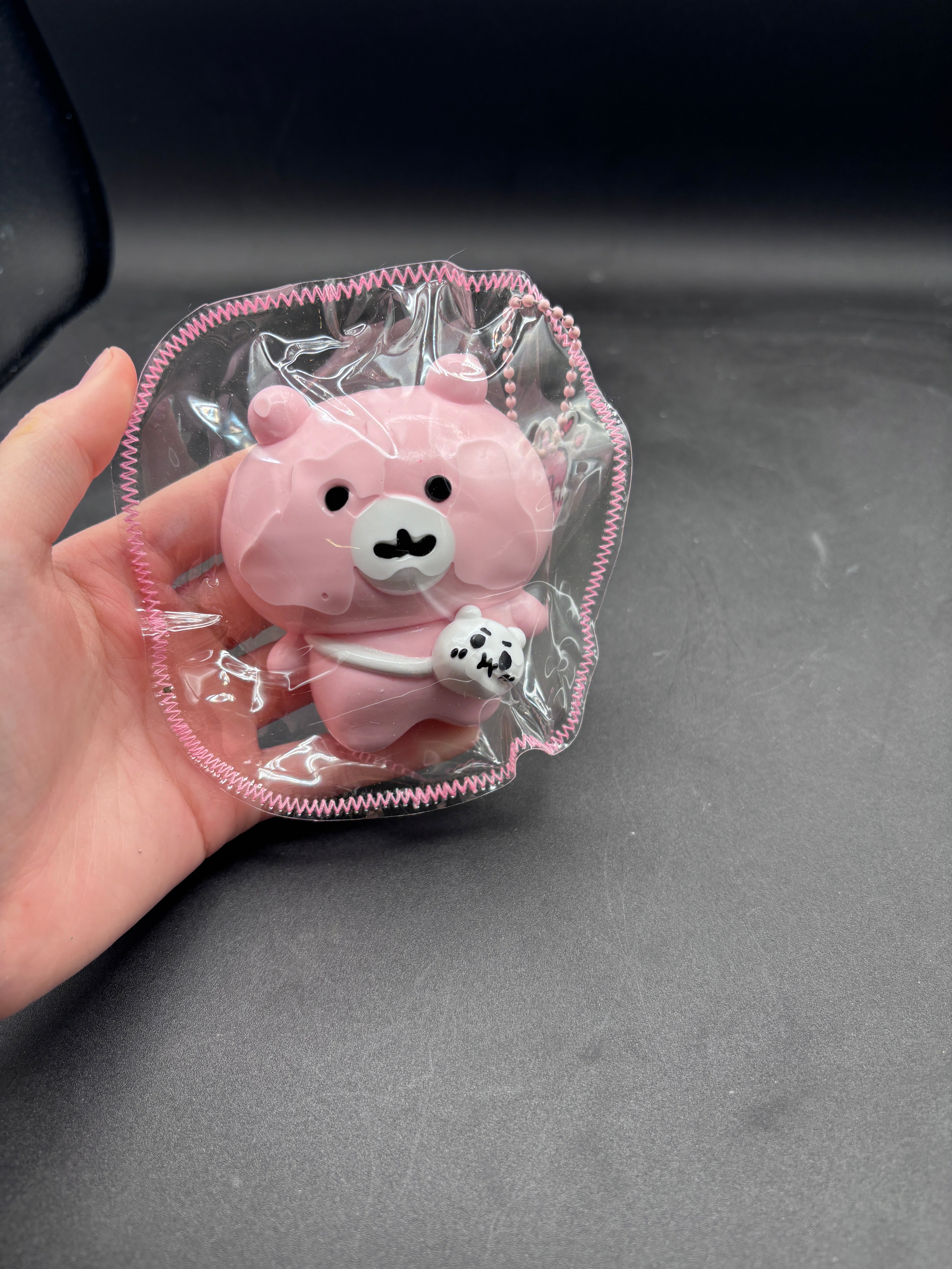 Cute pink bear with a chiikawa fanny pack Taba Squishy Toy