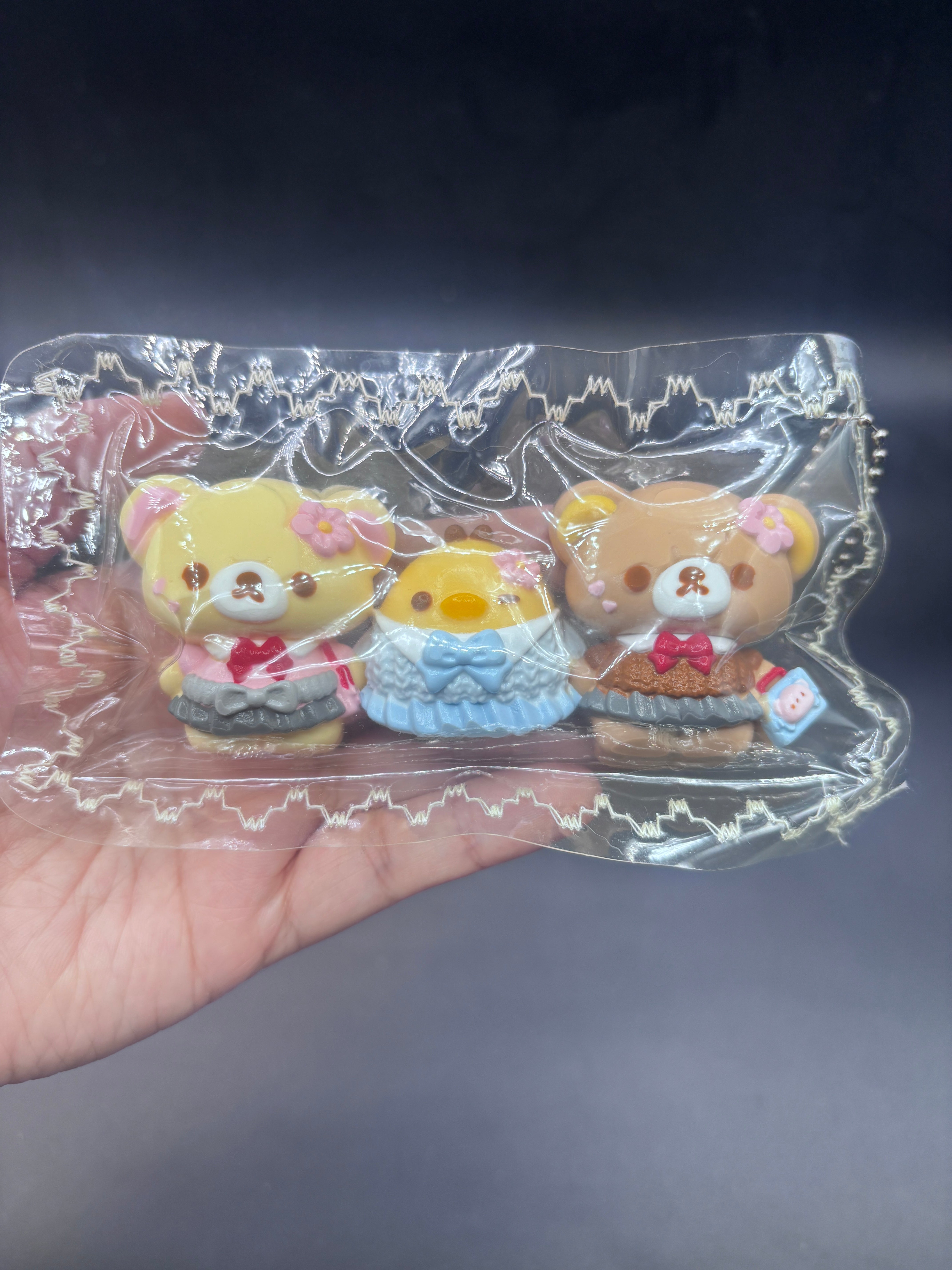 Cute pack of 3 mini Rilakkuma family taba squishy keychain
