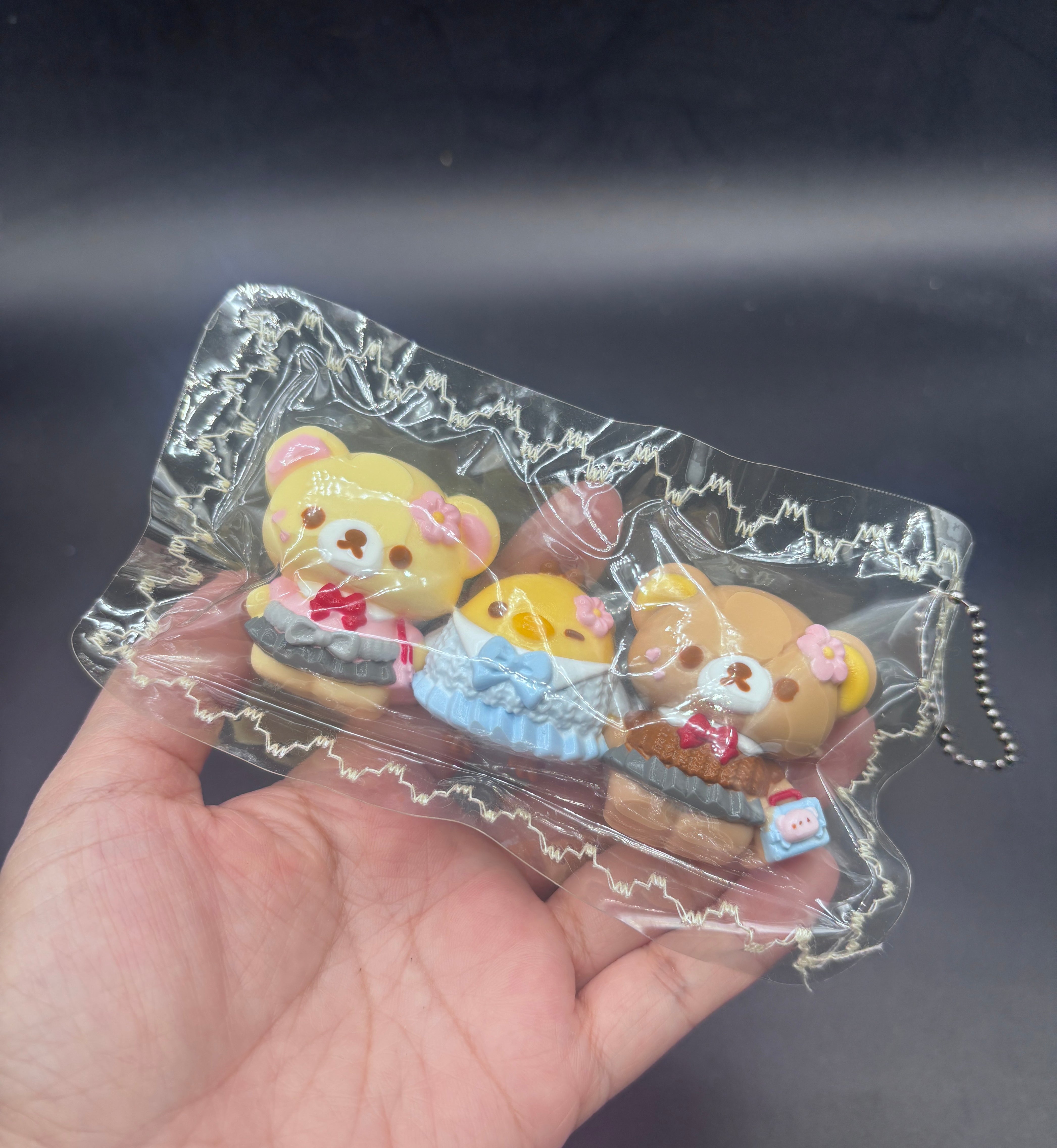 Cute pack of 3 mini Rilakkuma family taba squishy keychain
