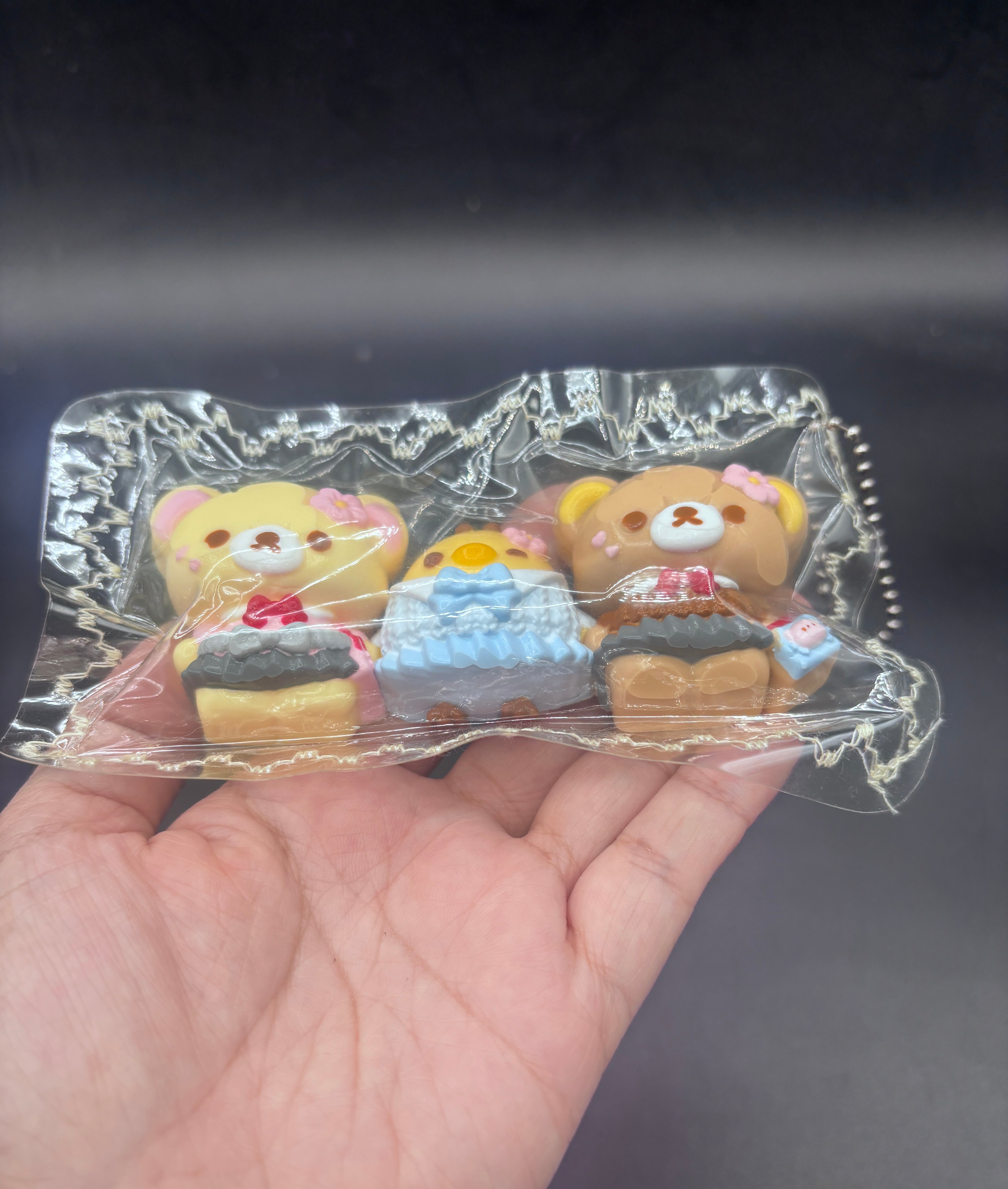 Cute pack of 3 mini Rilakkuma family taba squishy keychain
