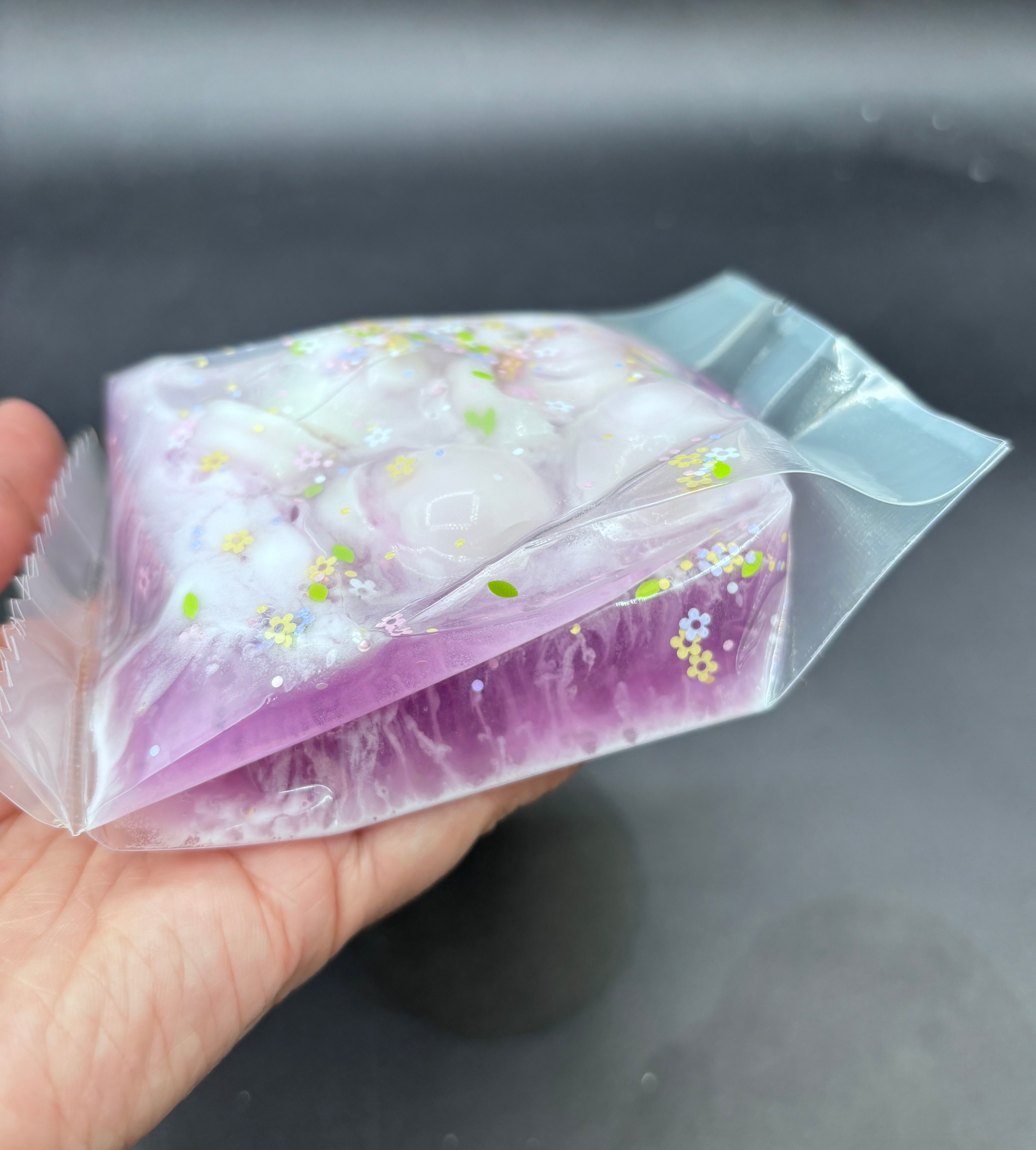 lavender pond (crunchy slime bag with wax pieces and clay)